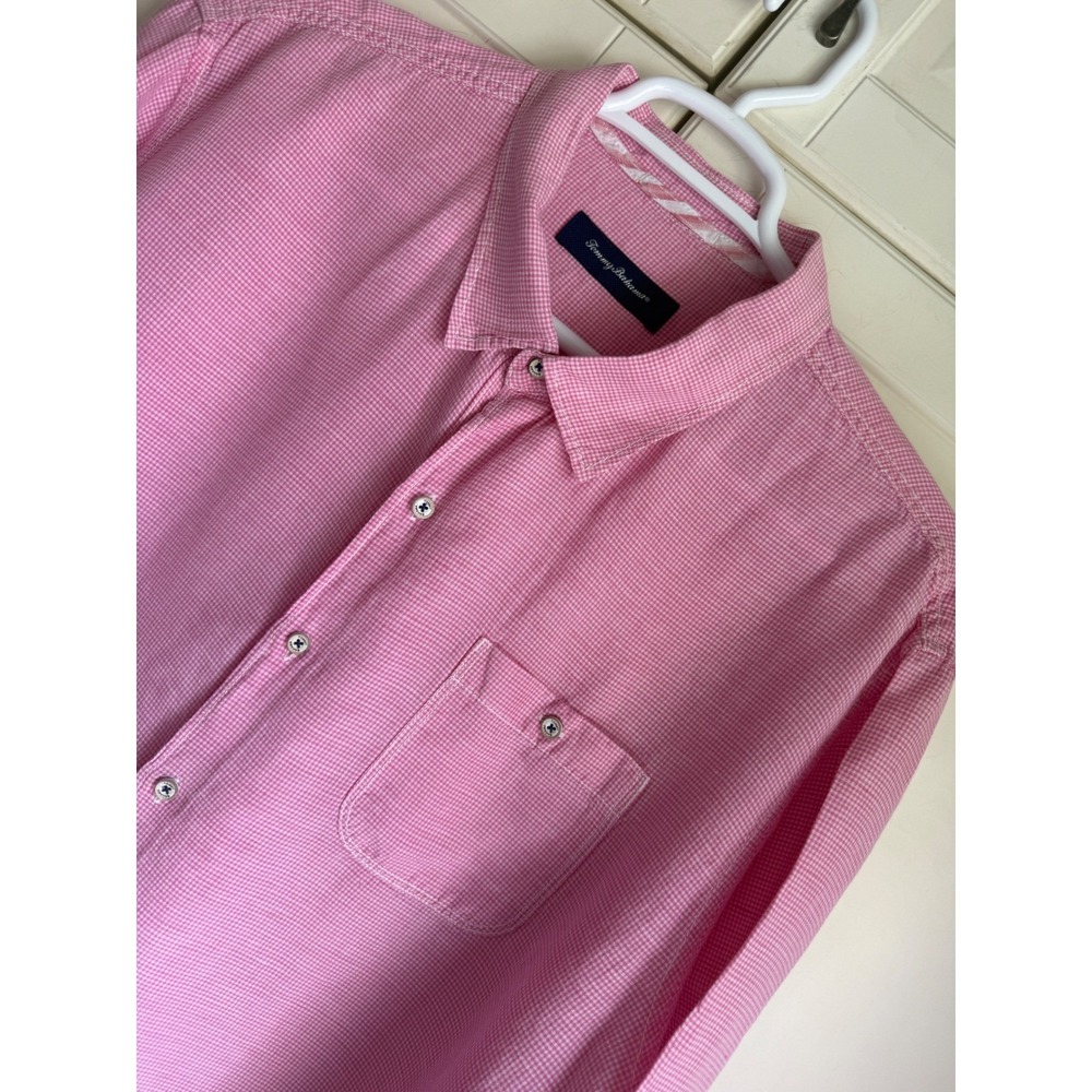 Tommy Bahama Mens XXL Pink Gingham Linen Tencel Long Sleeve Button Down Shirt